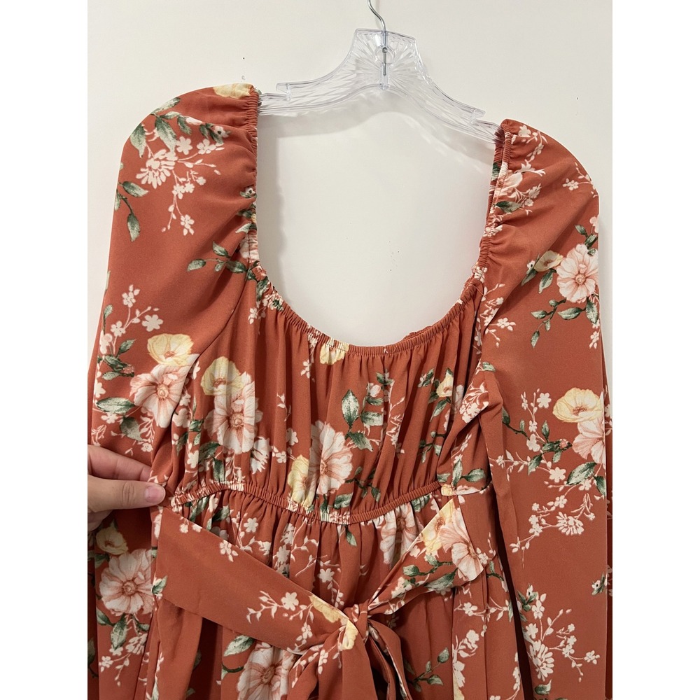 Blu Pepper Dress Terracotta Multi Floral Square Neck Tie Waist Ruffle Mini Large - Picture 6 of 8